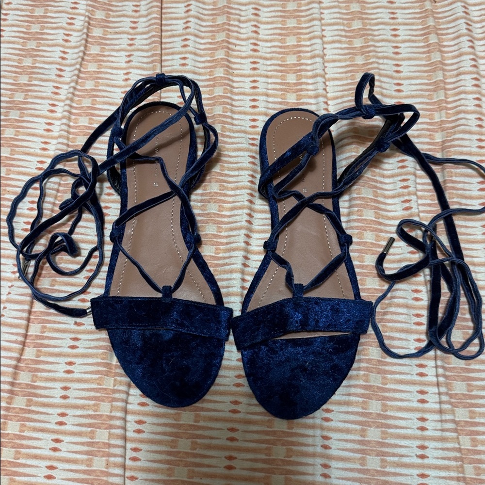 Zara Woman Blue Crushed Velvet Gladiator Sandals EU 35 Strappy Tie Up Shoes